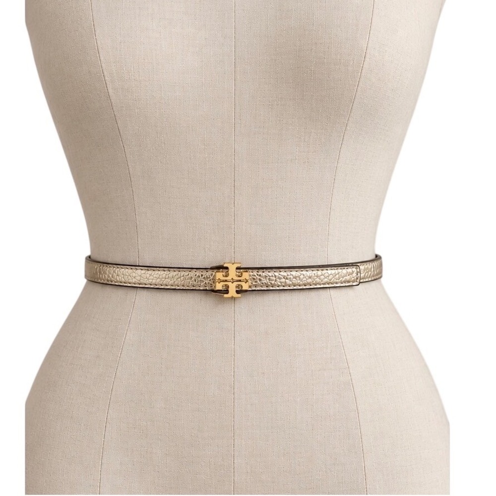 Tory Burch Metallic Reversible Logo Belt 1/2 Waist Gold Silver Leather Small NWT